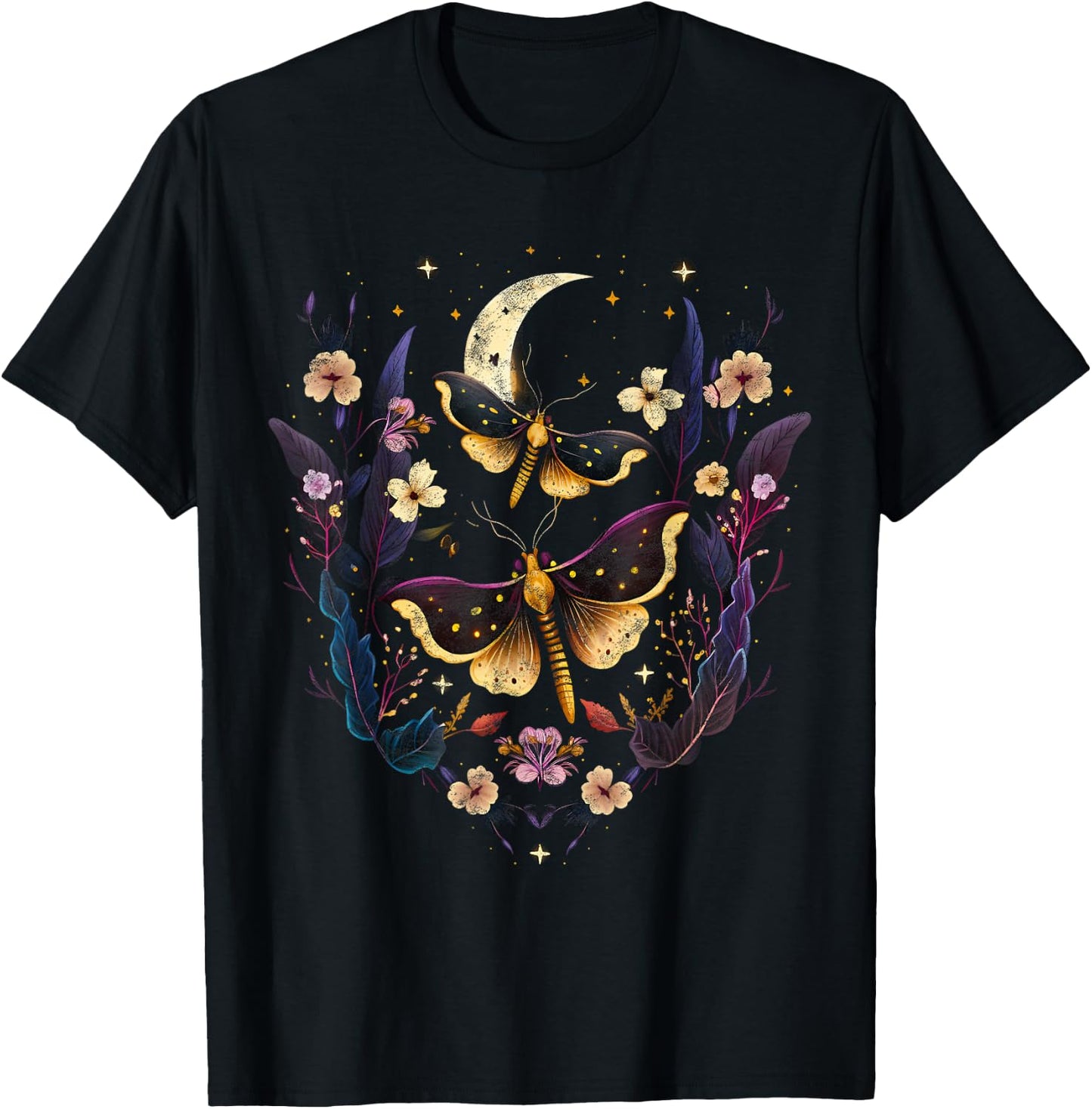 Moths with moon, flowers, butterfly, Wicca, goth, night T-Shirt - T-Shirt | Black