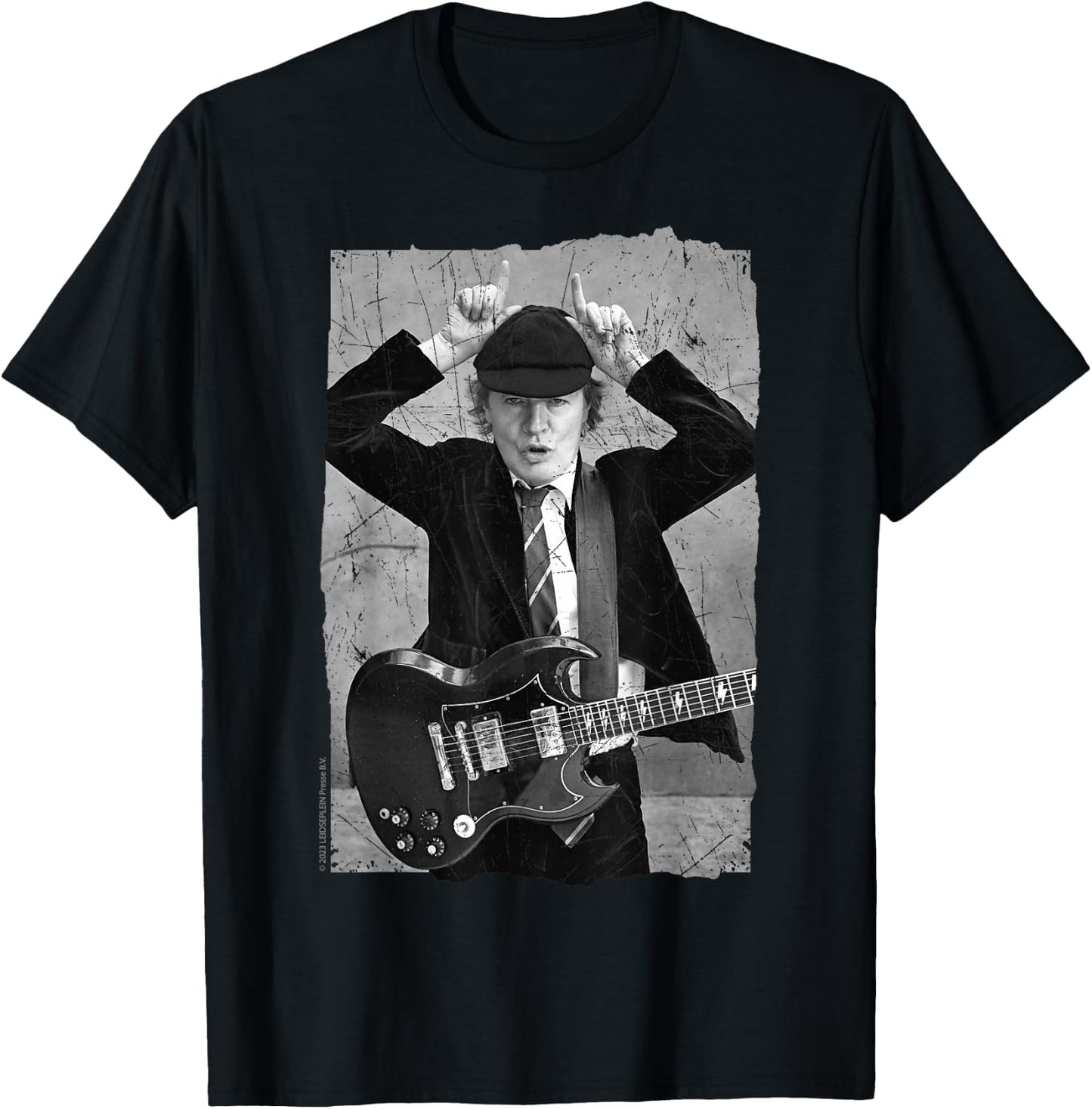 Official AC/DC Rock Music Band Angus Young Distressed Photo T-Shirt - T-Shirt | Black