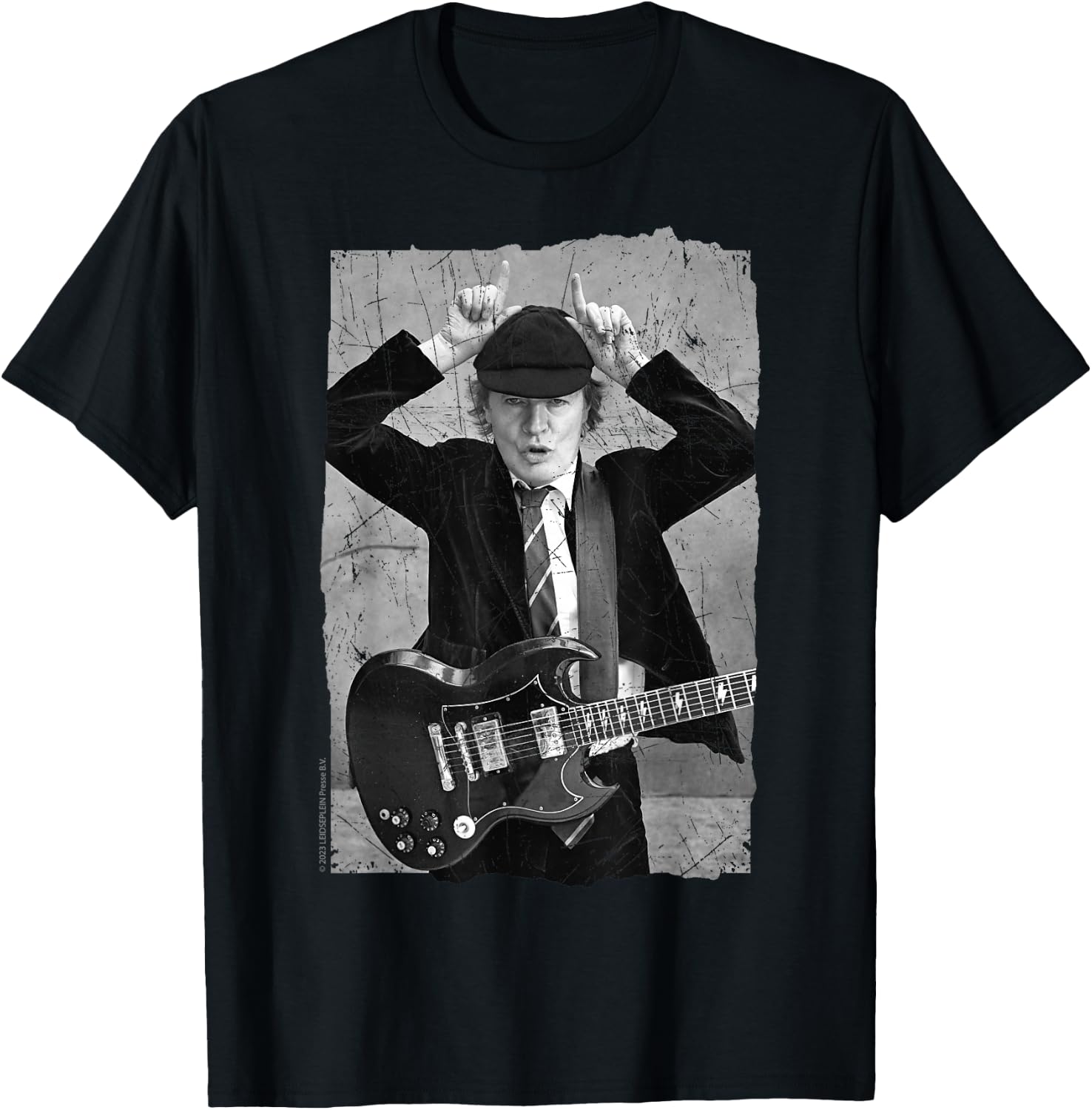 Official AC/DC Rock Music Band Angus Young Distressed Photo T-Shirt - T-Shirt | Black