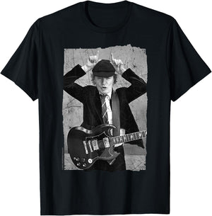 Official AC/DC Rock Music Band Angus Young Distressed Photo T-Shirt - T-Shirt | Black