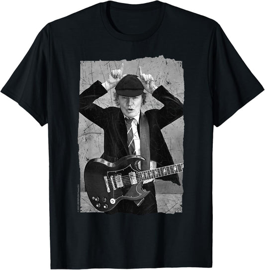 Official AC/DC Rock Music Band Angus Young Distressed Photo T-Shirt - T-Shirt | Black