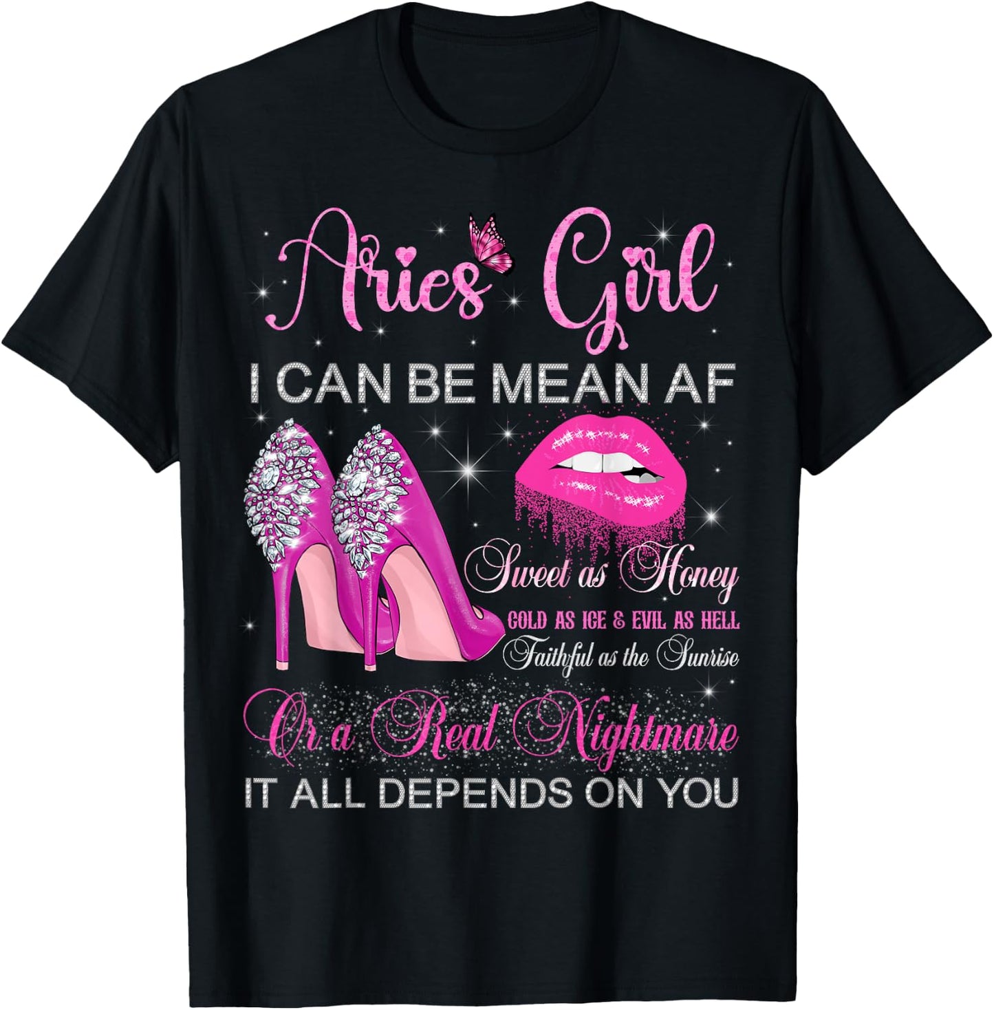 Aries Girl Birthday High Heels Dripping Lips Zodiac Women T-Shirt - T-Shirt | Black