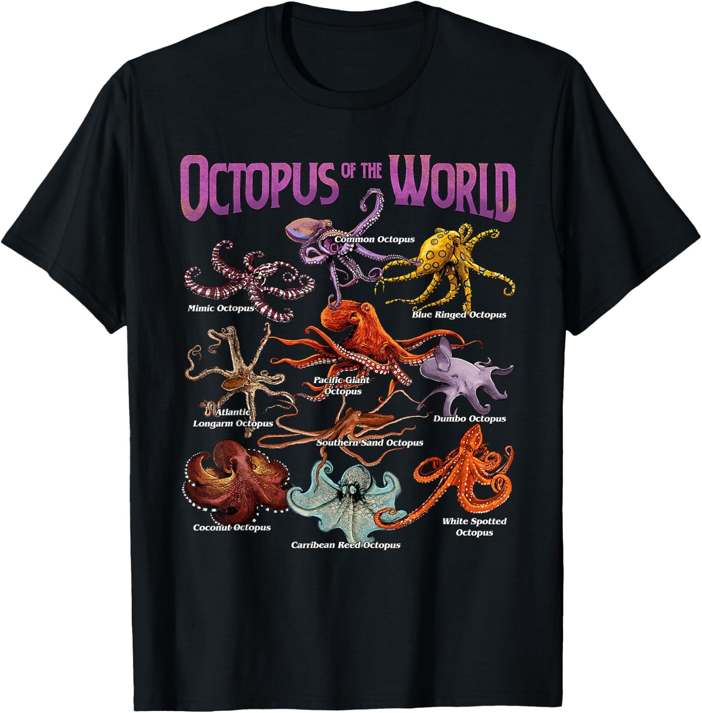 Octopus of The World Sea Animal Educational Octopus Lover T-Shirt - T-Shirt | Black
