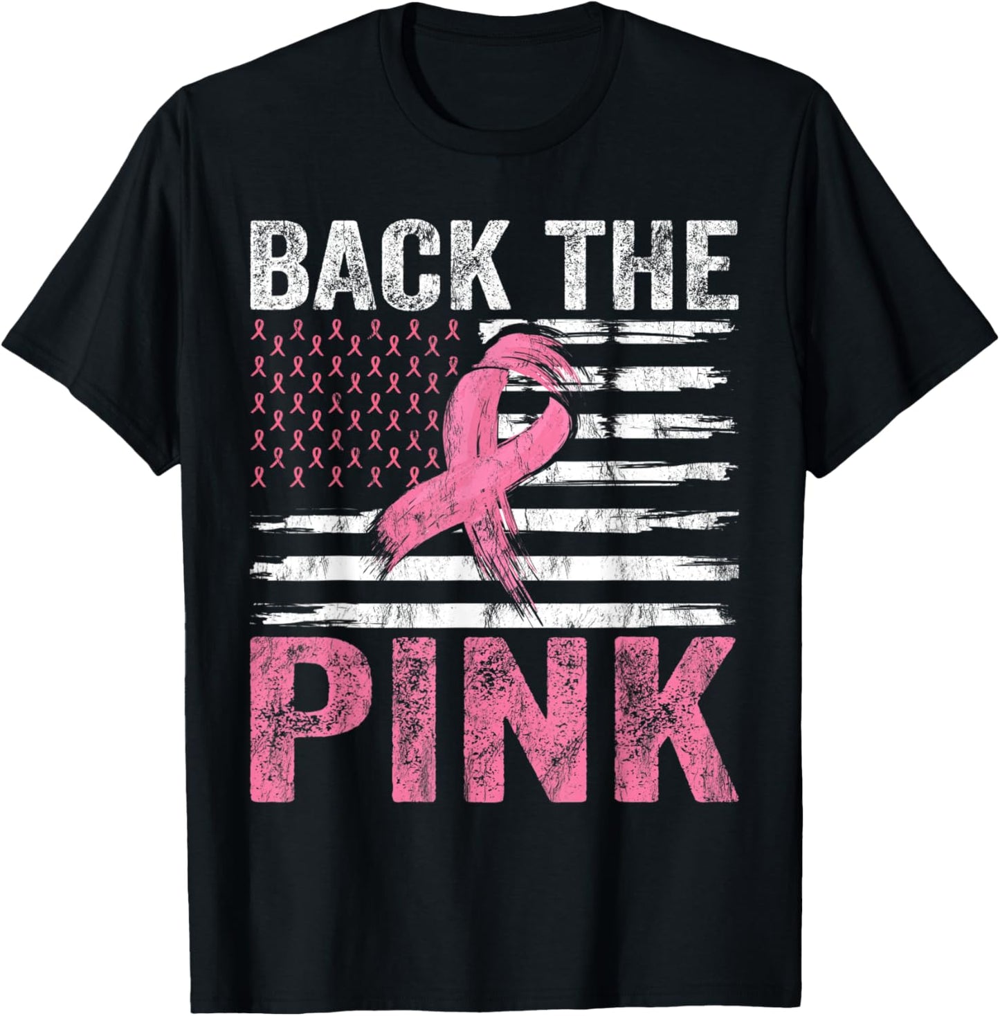 Breast Cancer Awareness USA Flag Design Back The Pink Ribbon T-Shirt - T-Shirt | Black