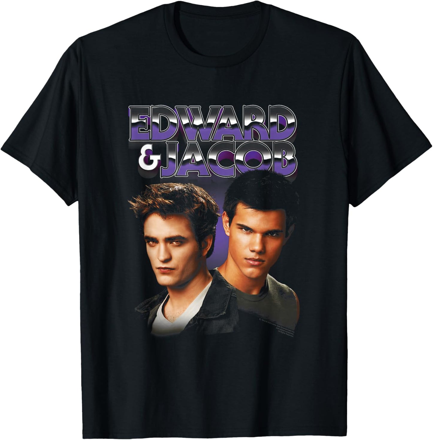 Twilight Edward & Jacob Purple Chrome Text Portrait Movie T-Shirt - T-Shirt | Black