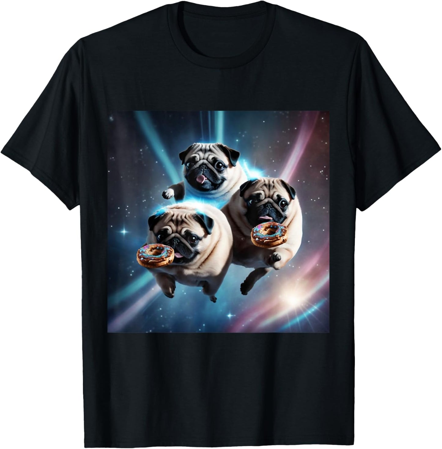 Pugs In Space With Donuts Cute Pug Boys Girls Men Women T-Shirt - T-Shirt | Black