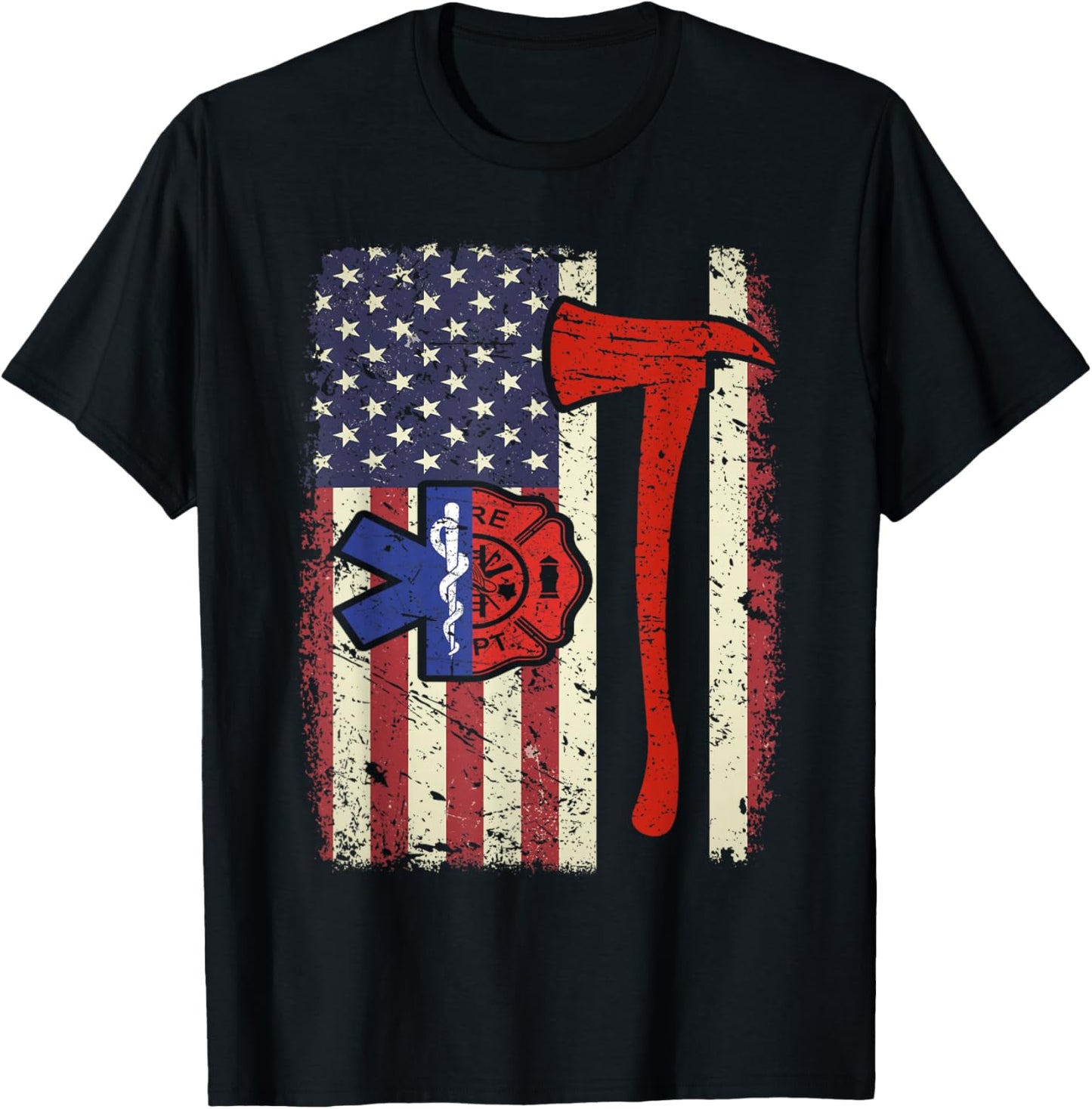 EMT Firefighter American Flag Patriot Paramedic Firefighter T-Shirt - T-Shirt | Black