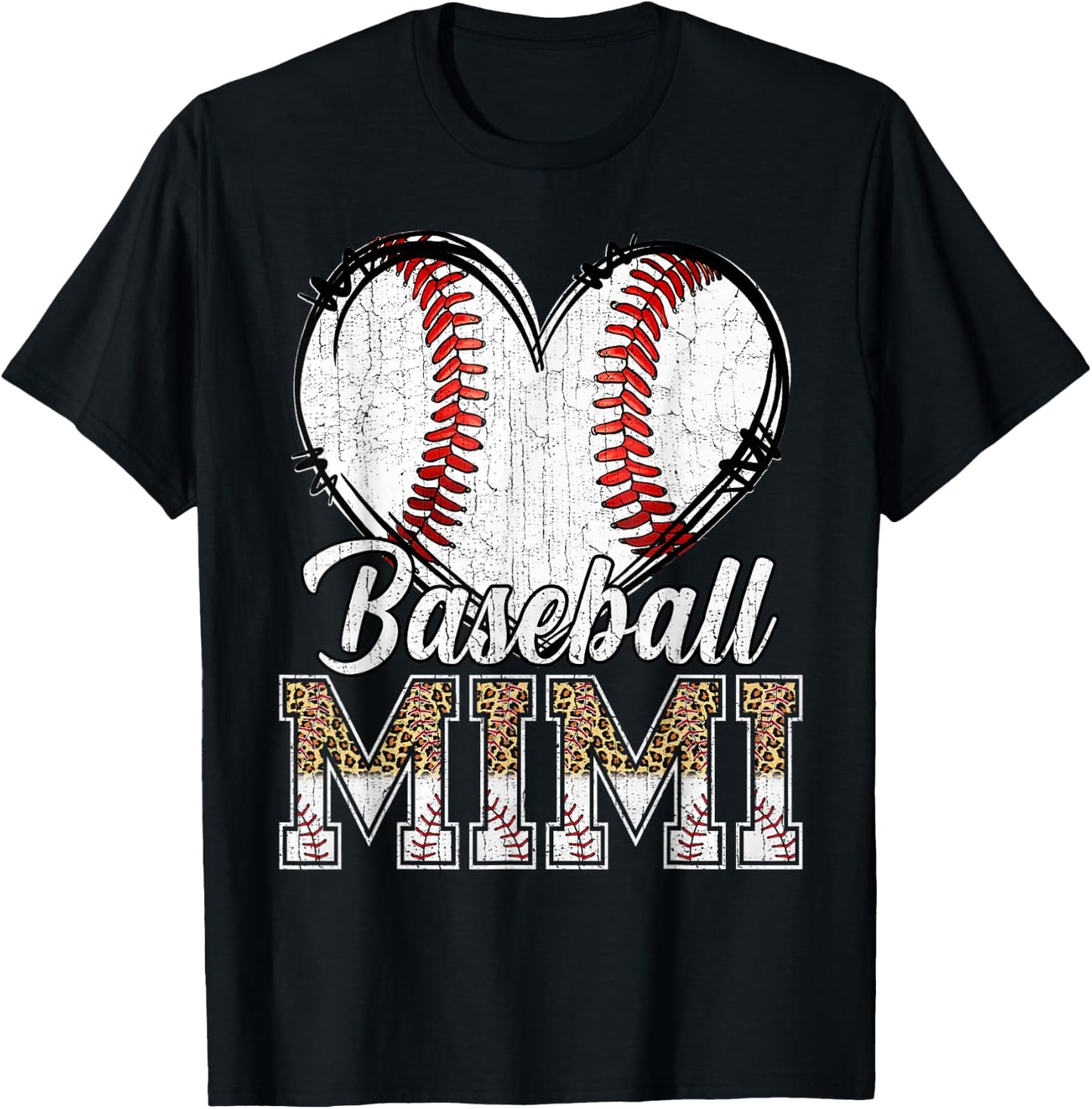 Softball Baseball Mimi Heart Leopard Print Mother's Day T-Shirt - T-Shirt | Black