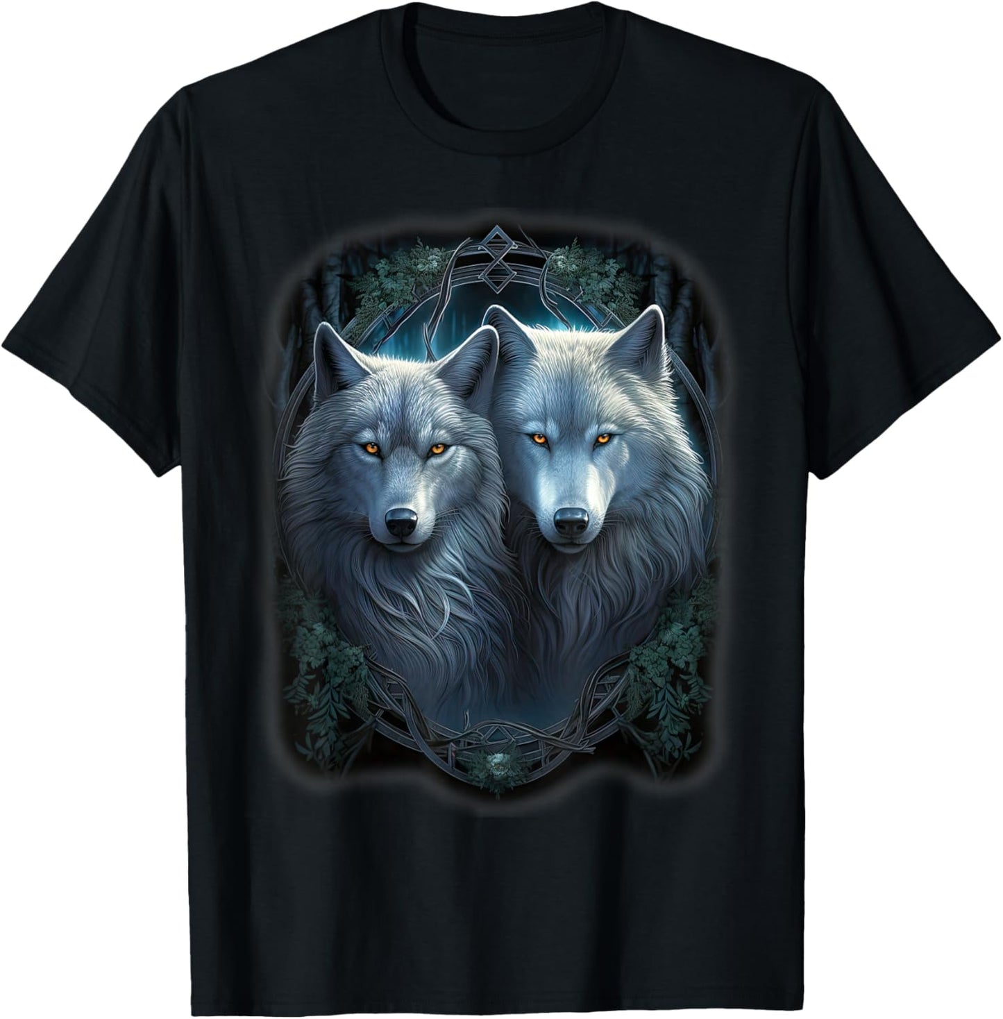 Wolf Wolves in Forest by Night Moon Fantasy Art Wildlife T-Shirt - T-Shirt | Black