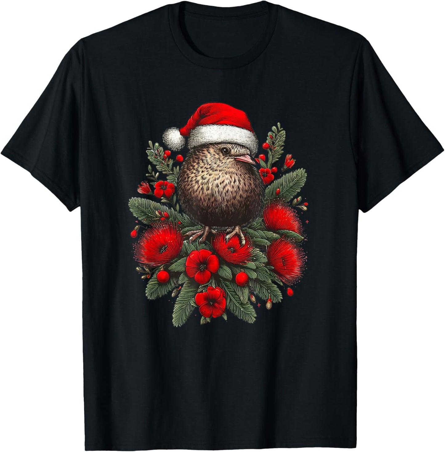 Christmas New Zealand Kiwi Bird Santa Hat Pohutukawa Tree T-Shirt - T-Shirt | Black