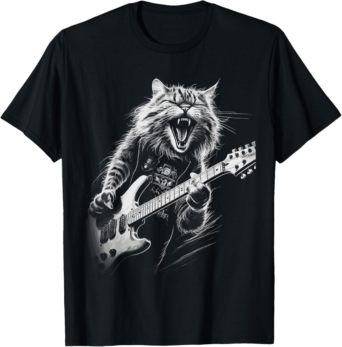 Rock Cat Playing Guitar Woman Funny Guitar Cat T-Shirt - T-Shirt | Black