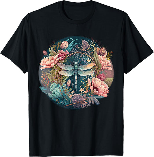 Cute Cottagecore Floral Dragonfly Aesthetic Girls Graphic Small T-Shirt - T-Shirt | Black