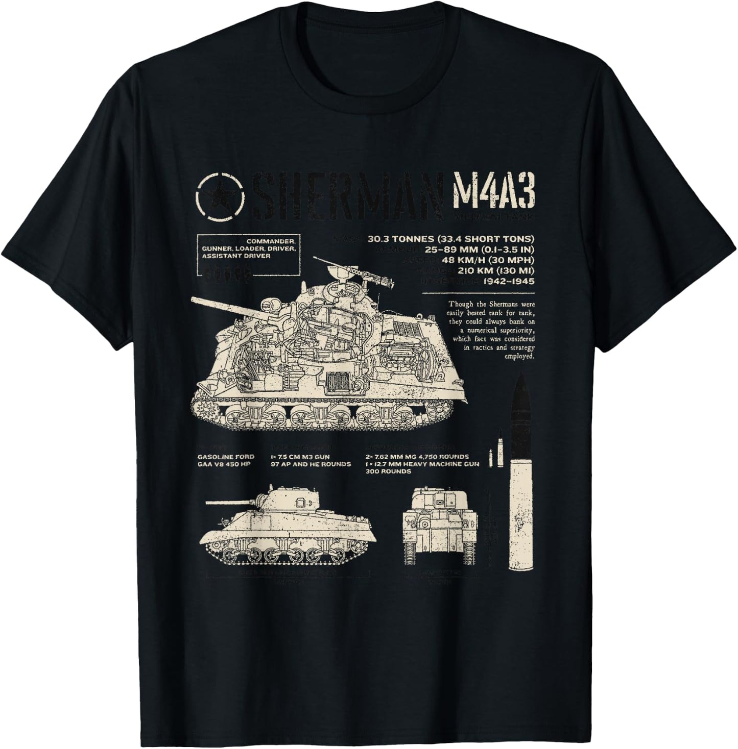 Sherman Tank World War 2 Blueprint T-Shirt - T-Shirt | Black
