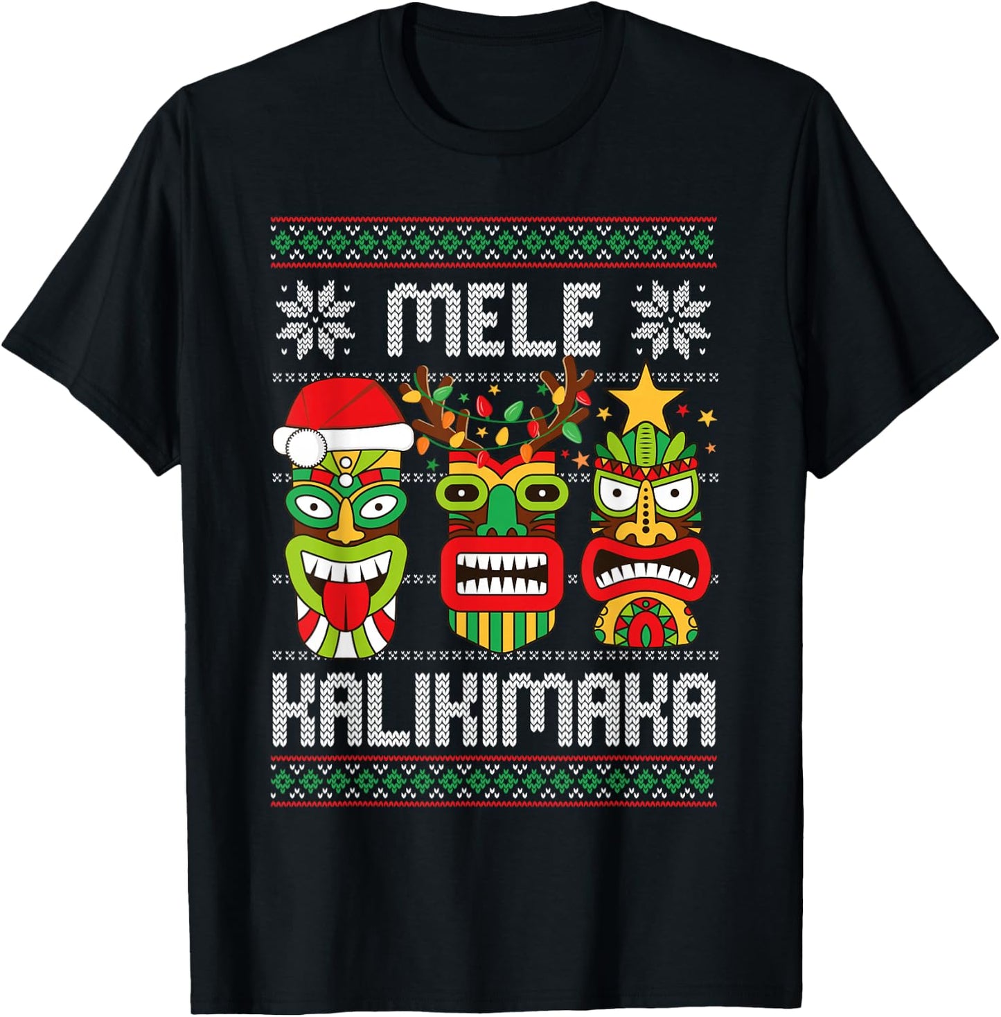 Mele Kalikimaka Christmas Hawaiian Santa Tiki Ugly Christmas T-Shirt - T-Shirt | Black