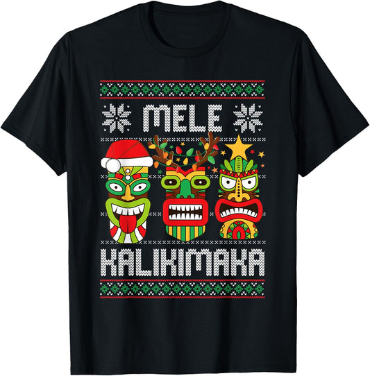 Mele Kalikimaka Christmas Hawaiian Santa Tiki Ugly Christmas T-Shirt - T-Shirt | Black