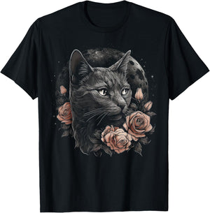 Cat Flower Moon Artwork | Animal Motif Cat T-Shirt - T-Shirt | Black