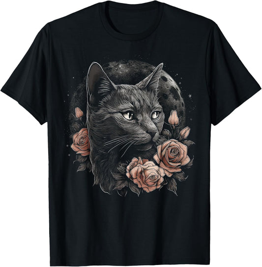 Cat Flower Moon Artwork | Animal Motif Cat T-Shirt - T-Shirt | Black