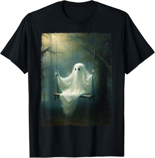 Vintage Halloween Costume Ghost Swing In The Forest Graphic T-Shirt - T-Shirt | Black