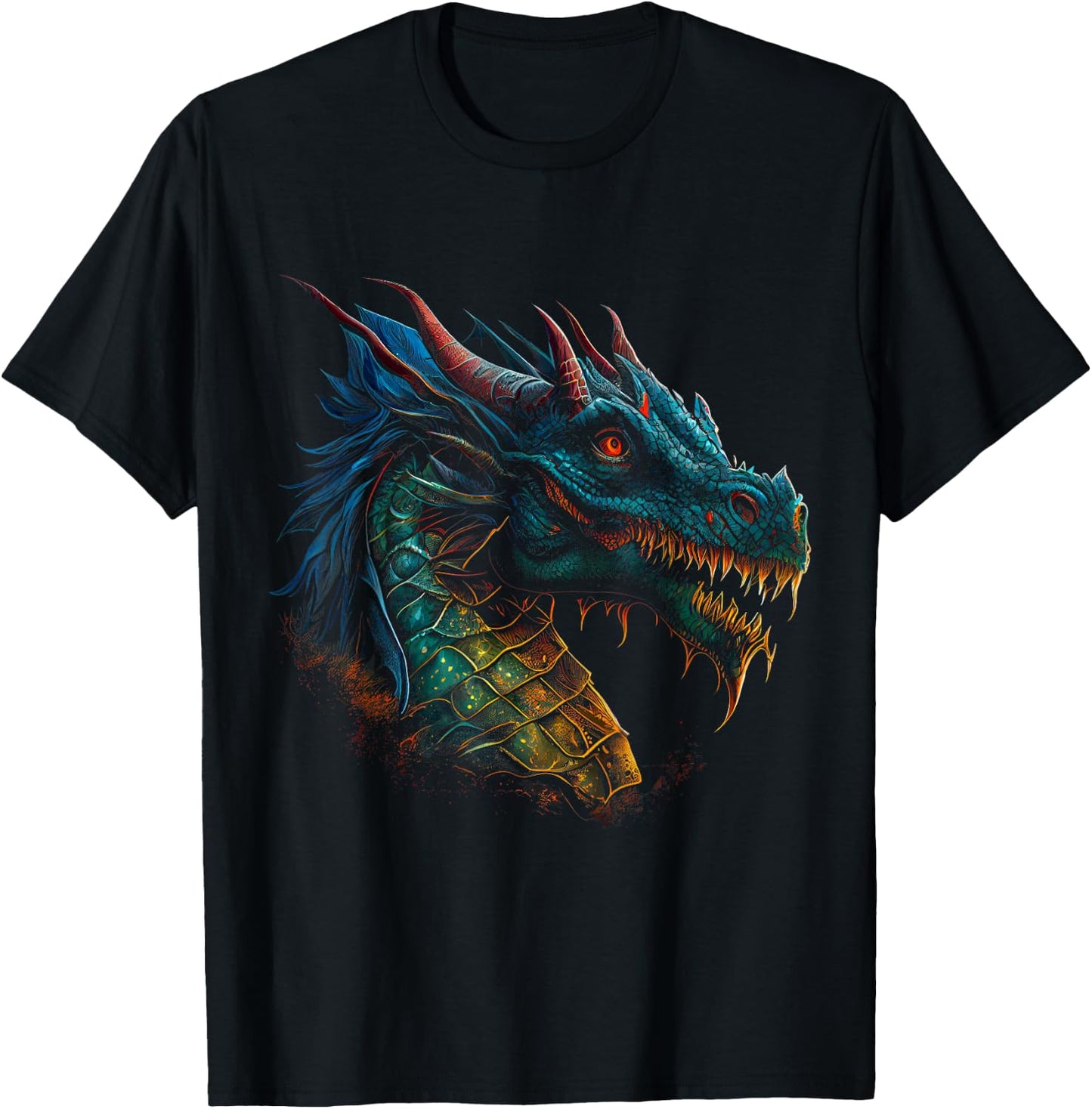 Beautiful Blue & Red Dragon Lover Fantasy Art Sharp Teeth T-Shirt - T-Shirt | Black