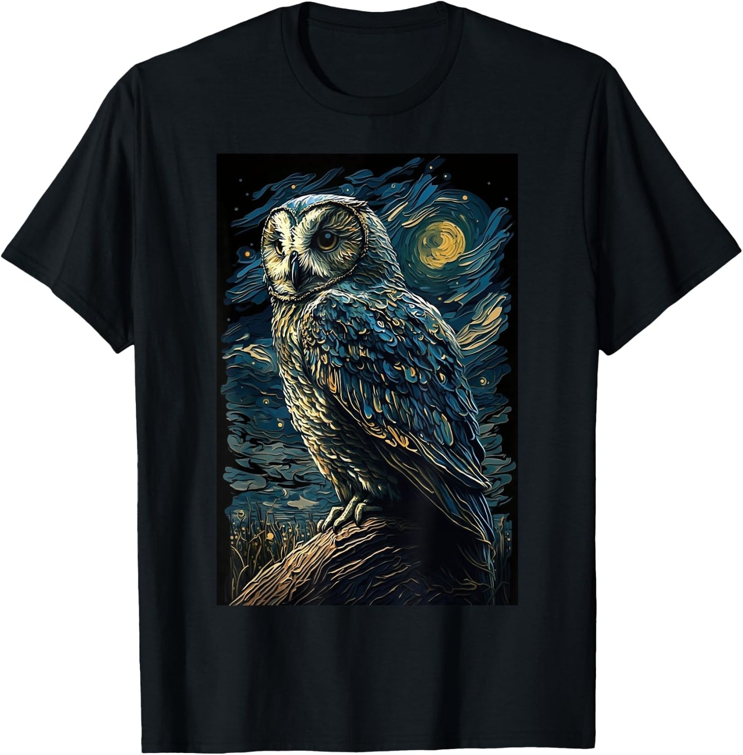 Owl Starry Night Van Gogh Style Birds Lover Owl Mom & Dad T-Shirt - T-Shirt | Black