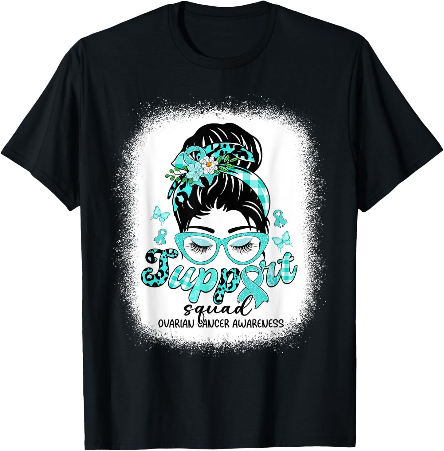 Support Squad Messy Bun Women Ovarian Cancer Awareness T-Shirt - T-Shirt | Black