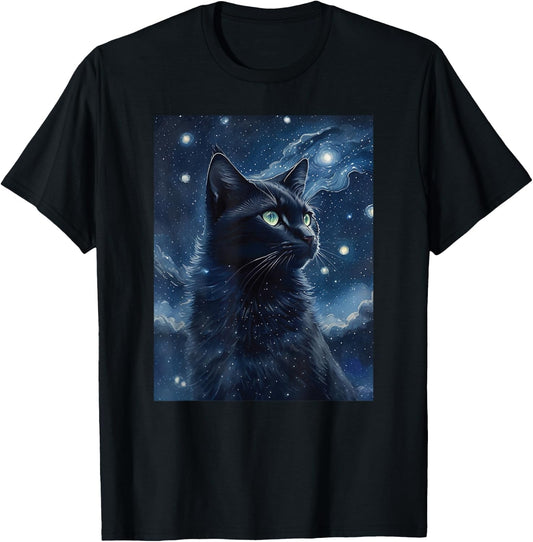 black cat Painting art Starry Night kitty kitten Van Gogh T-Shirt - T-Shirt | Black