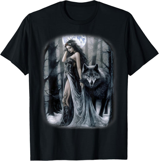 Woman and Gray Wolf in Forest Moon Fantasy Art Painting T-Shirt - T-Shirt | Black