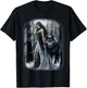 Woman and Gray Wolf in Forest Moon Fantasy Art Painting T-Shirt - T-Shirt | Black