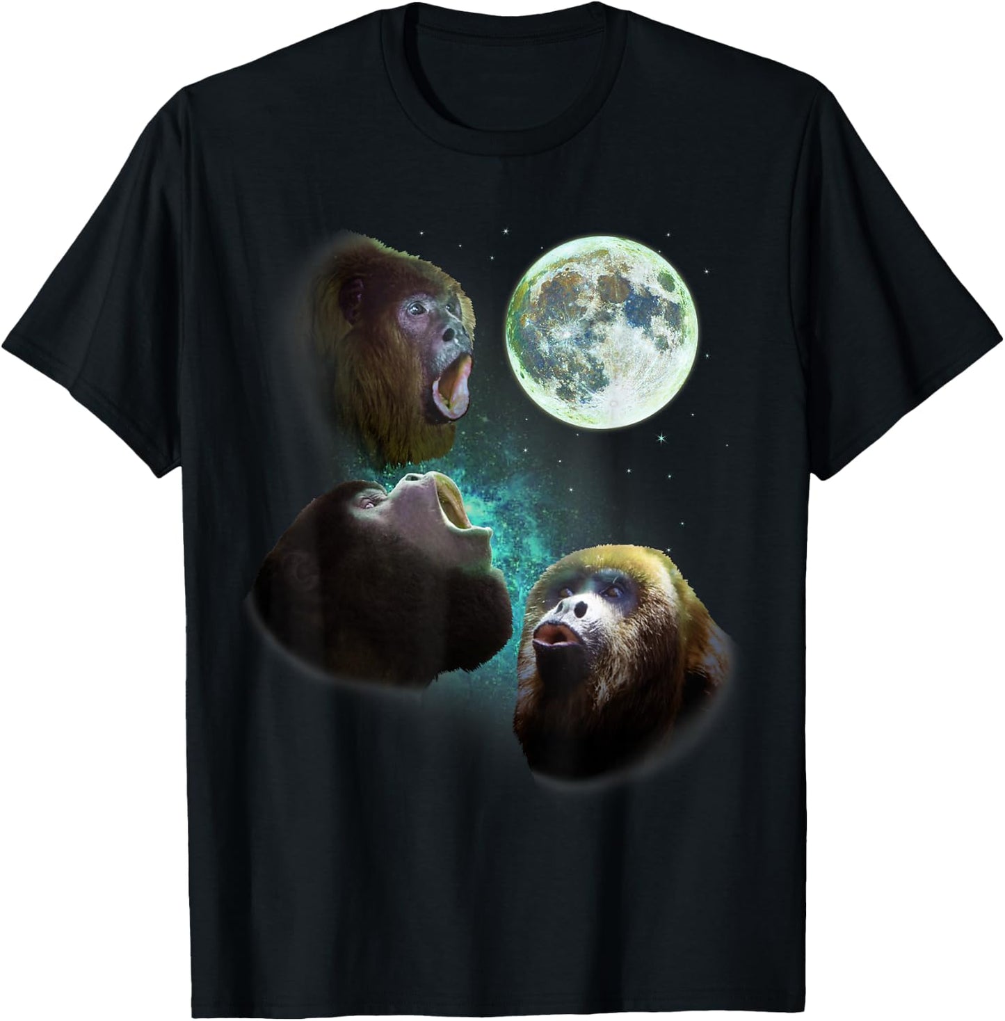 Three Howler Monkeys Howl At Moon 3 Wolfs Wolves Fun Parody T-Shirt - T-Shirt | Black