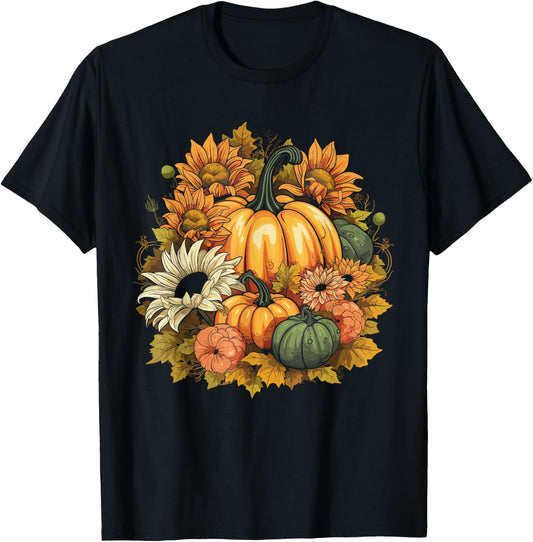Cottagecore Pumpkins Flowers Fall Leaves Women's T-Shirt - T-Shirt | Black