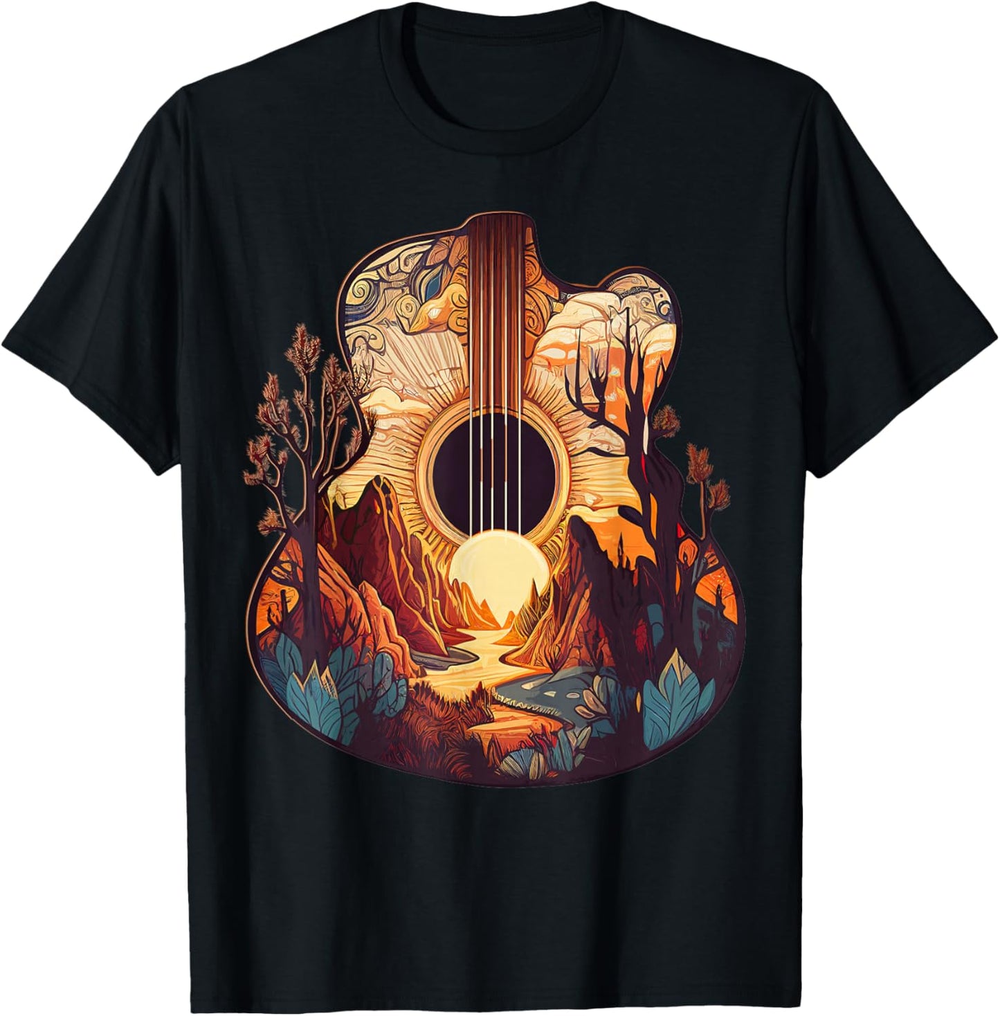 Guitar Landscape Music Lover- Acoustic Guitar Player Graphic T-Shirt - T-Shirt | Black