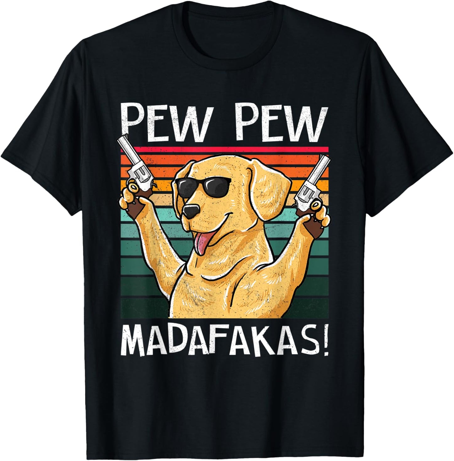 Labrador Pew Pew Dog Vintage Retro Sunset Dogs Guns Nerd T-Shirt - T-Shirt | Black