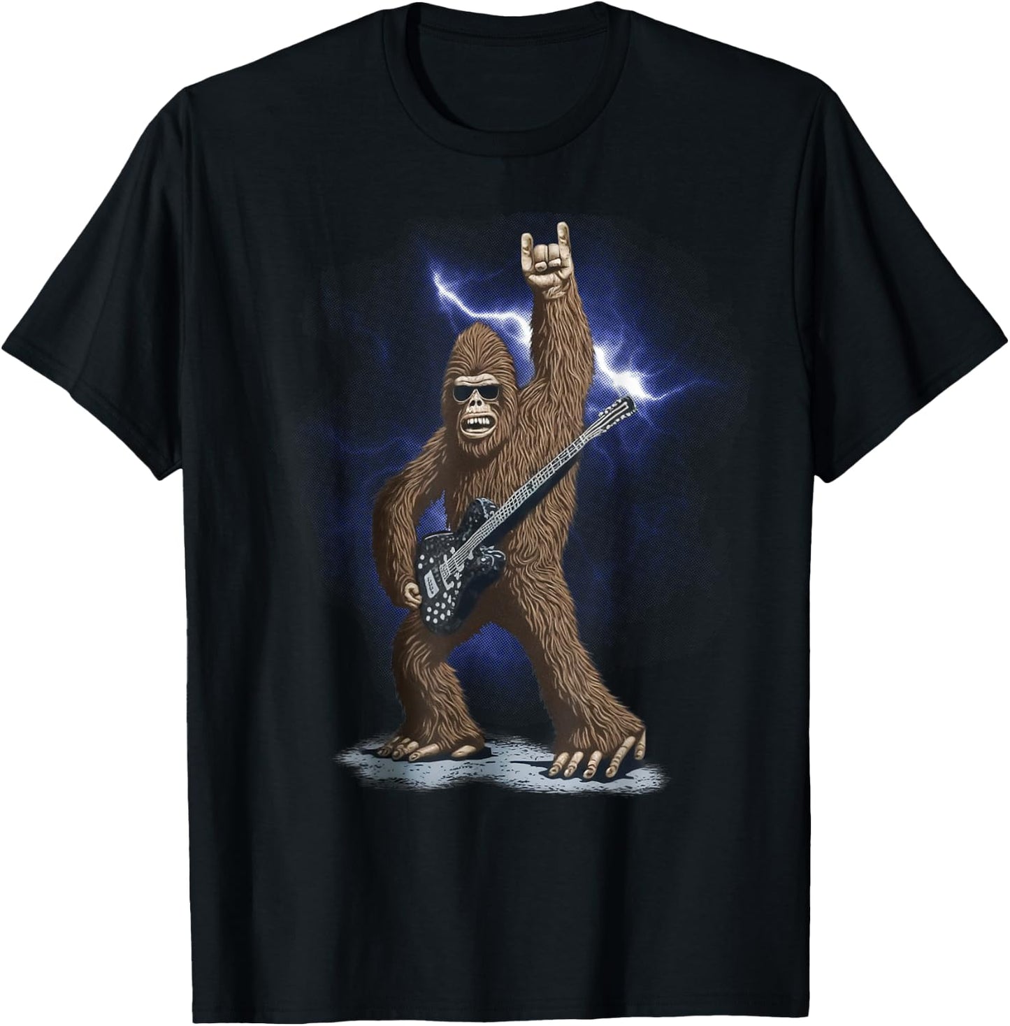 Rock And Roll Bigfoot Sasquatch Playing on guitar Sunglasses T-Shirt - T-Shirt | Black