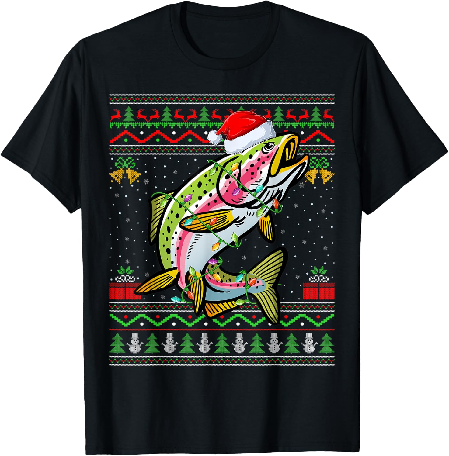 Xmas Ugly Sweater Style Santa Rainbow Trout Fish Christmas T-Shirt - T-Shirt | Black