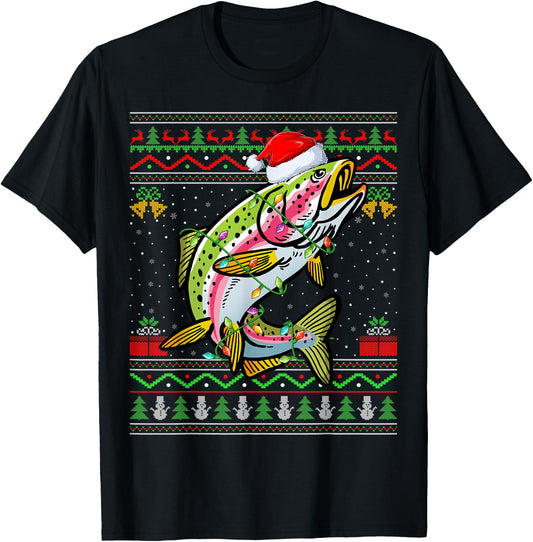 Xmas Ugly Sweater Style Santa Rainbow Trout Fish Christmas T-Shirt - T-Shirt | Black
