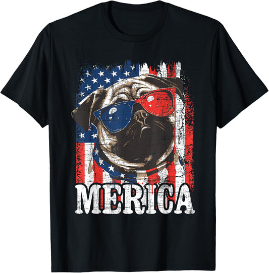 Merica - USA Flag Patriotic Pug Dog Owner Puppy Pet Trainer T-Shirt - T-Shirt | Black