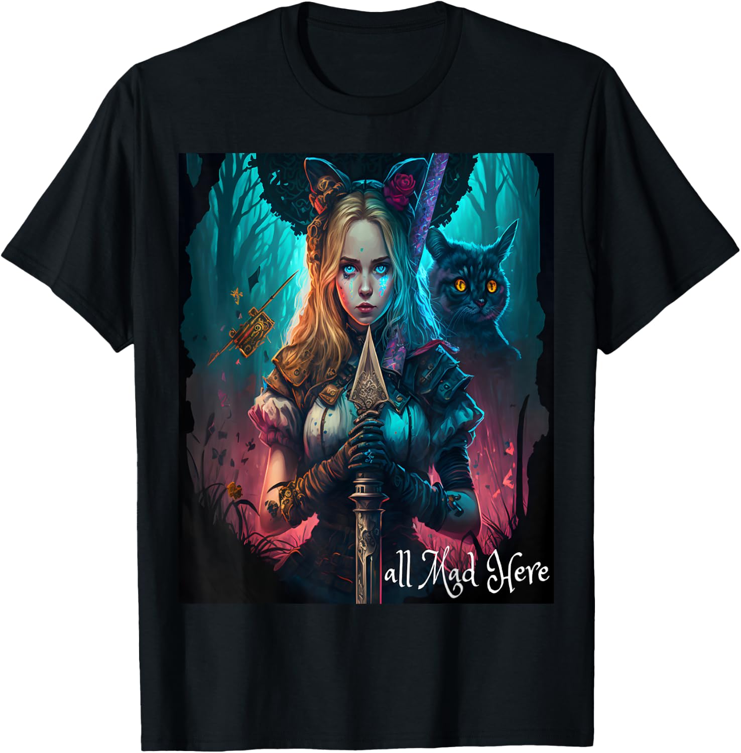 Alice in Wonderland Rabbit All Mad Here Mom Boys Girls Men T-Shirt - T-Shirt | Black