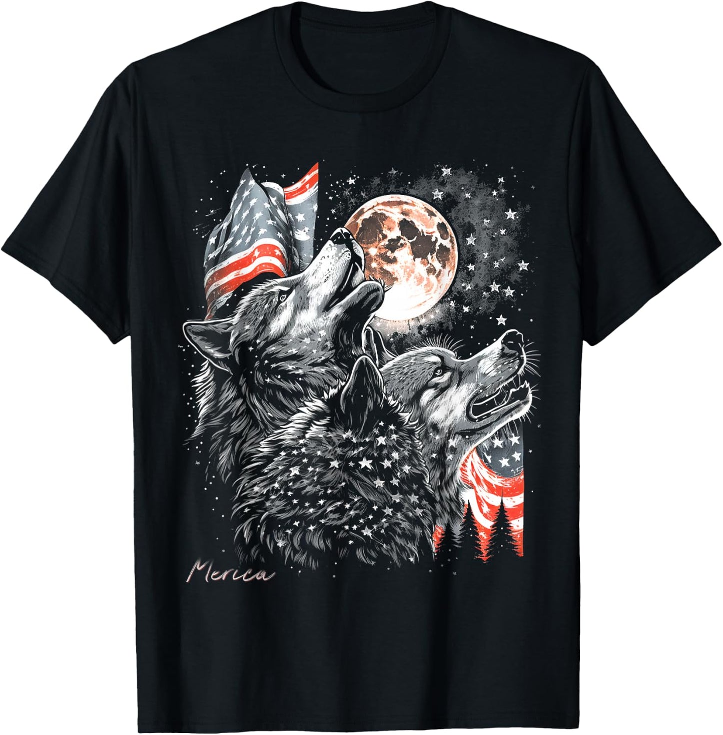 Wolf 4th of July American Flag Howling America Moon Funny T-Shirt - T-Shirt | Black