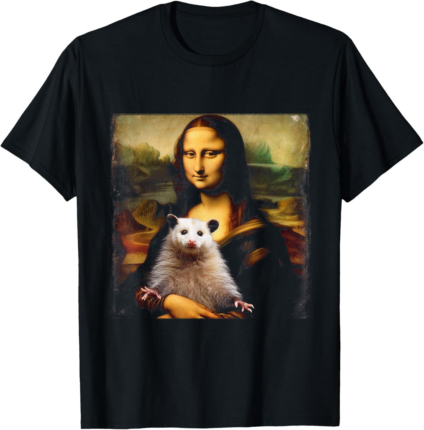 Funny Mona Lisa Holding an Opossum T-Shirt - T-Shirt | Black