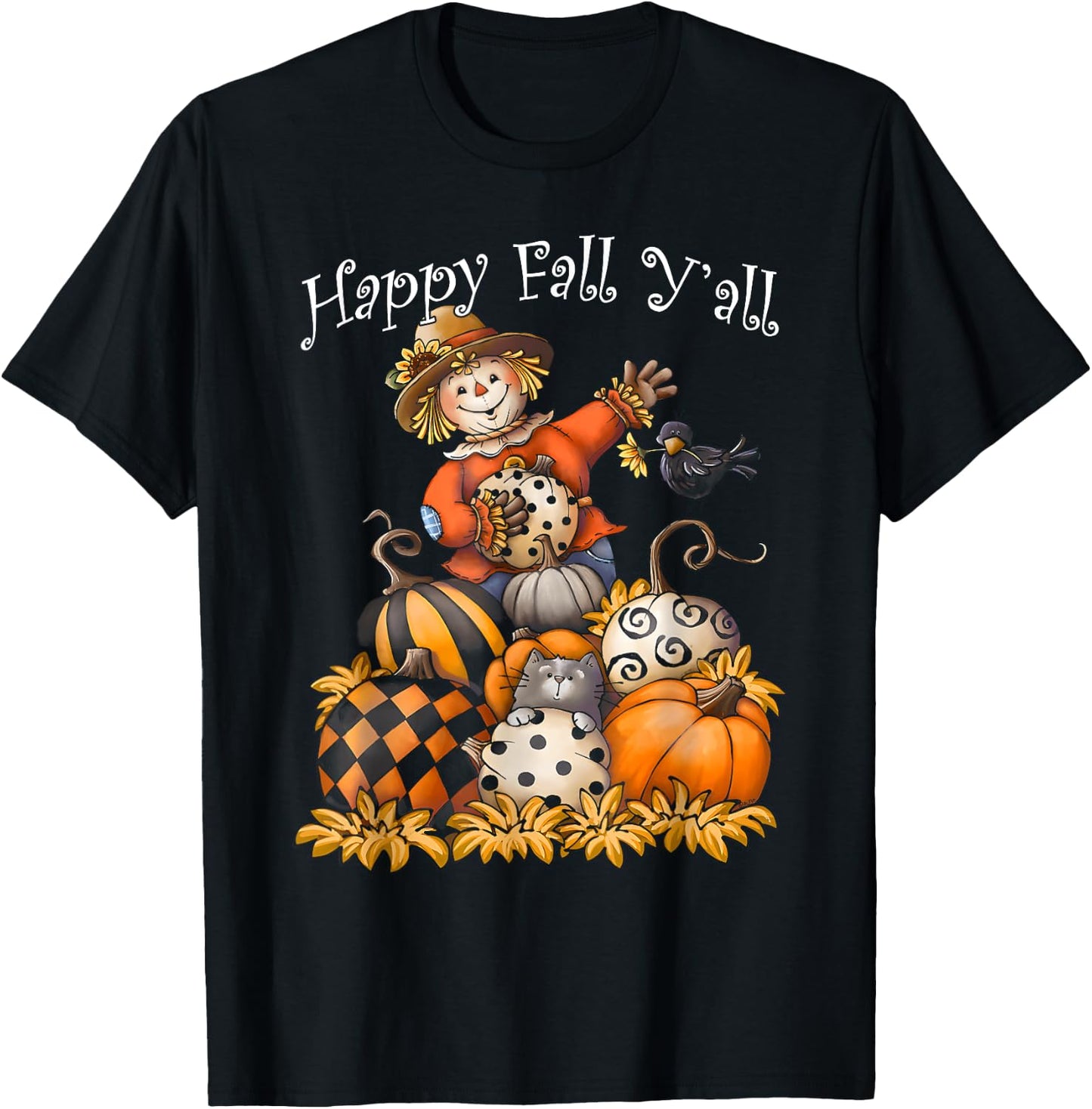 Scarecrow Happy Fall Y'all Pumpkin Thanksgiving Halloween T-Shirt - T-Shirt | Black