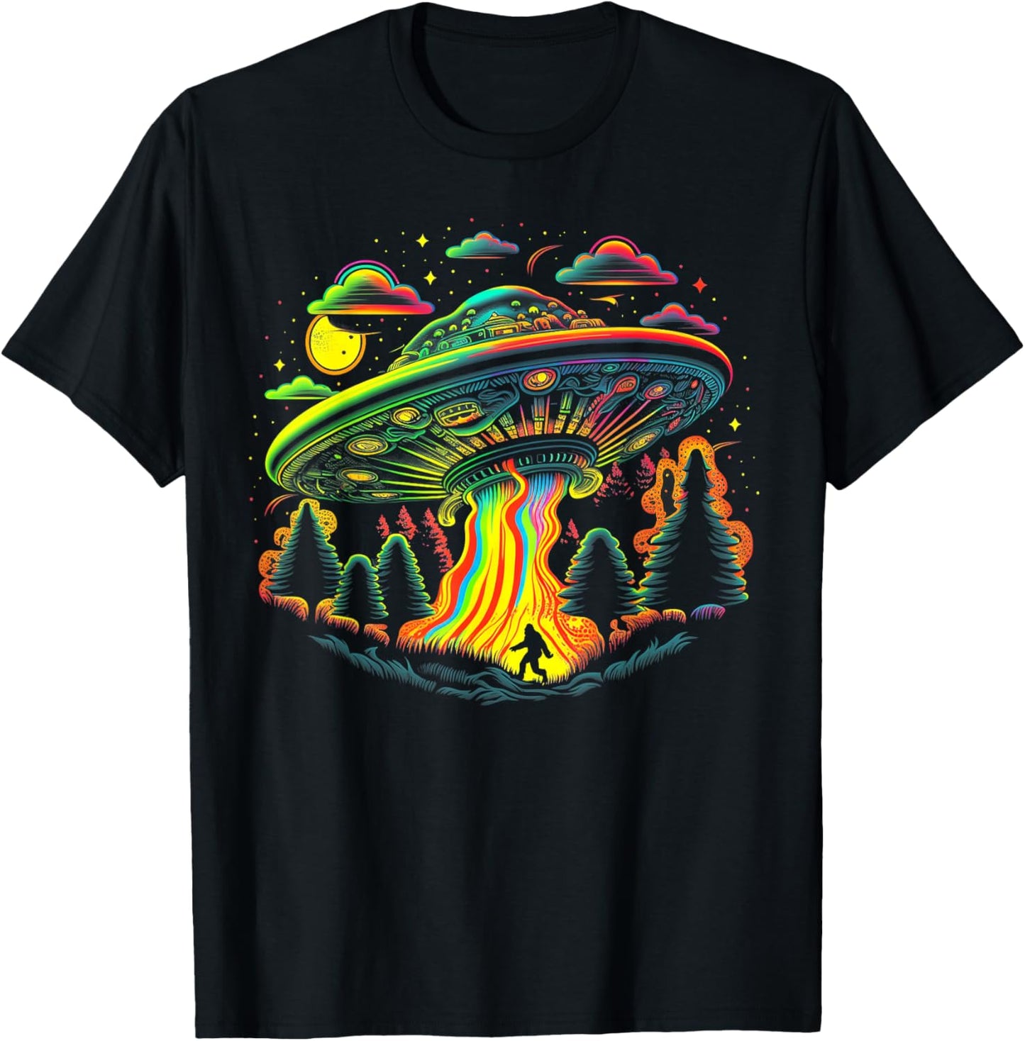 UFO Funny Bigfoot Retro Mushroom Vintage 60s 80s 70s Rainbow T-Shirt - T-Shirt | Black