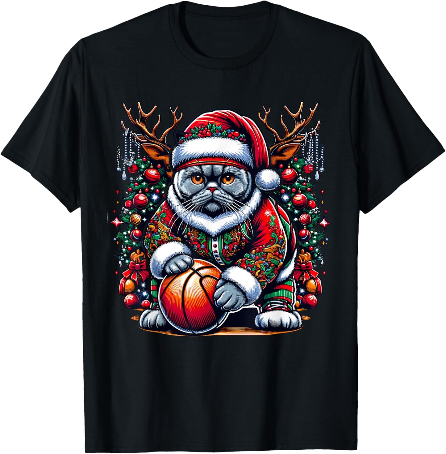 Funny Santa British Shorthair Cat Play Basketball Christmas T-Shirt - T-Shirt | Black