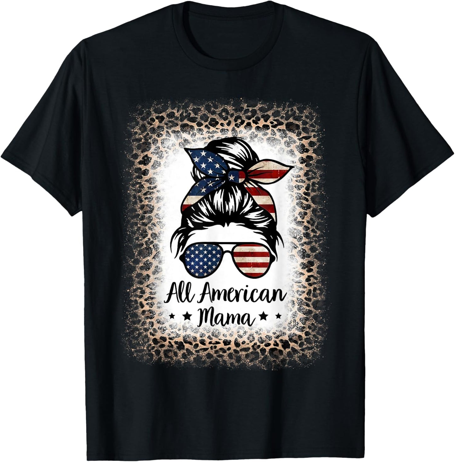 All American Mama Messy Bun Bleached Leopard 4th of July Kids Men T-Shirt - T-Shirt | Black
