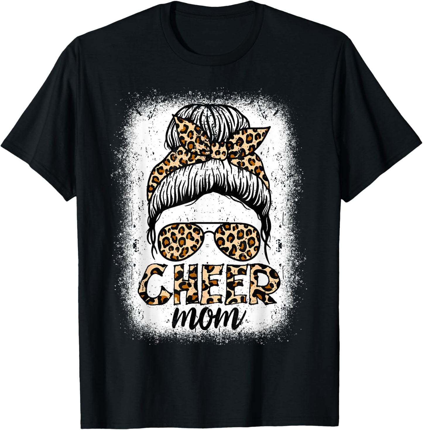 Messy Bun Cheer Mom Leopard Cheerleader Women Mothers Day T-Shirt - T-Shirt | Black
