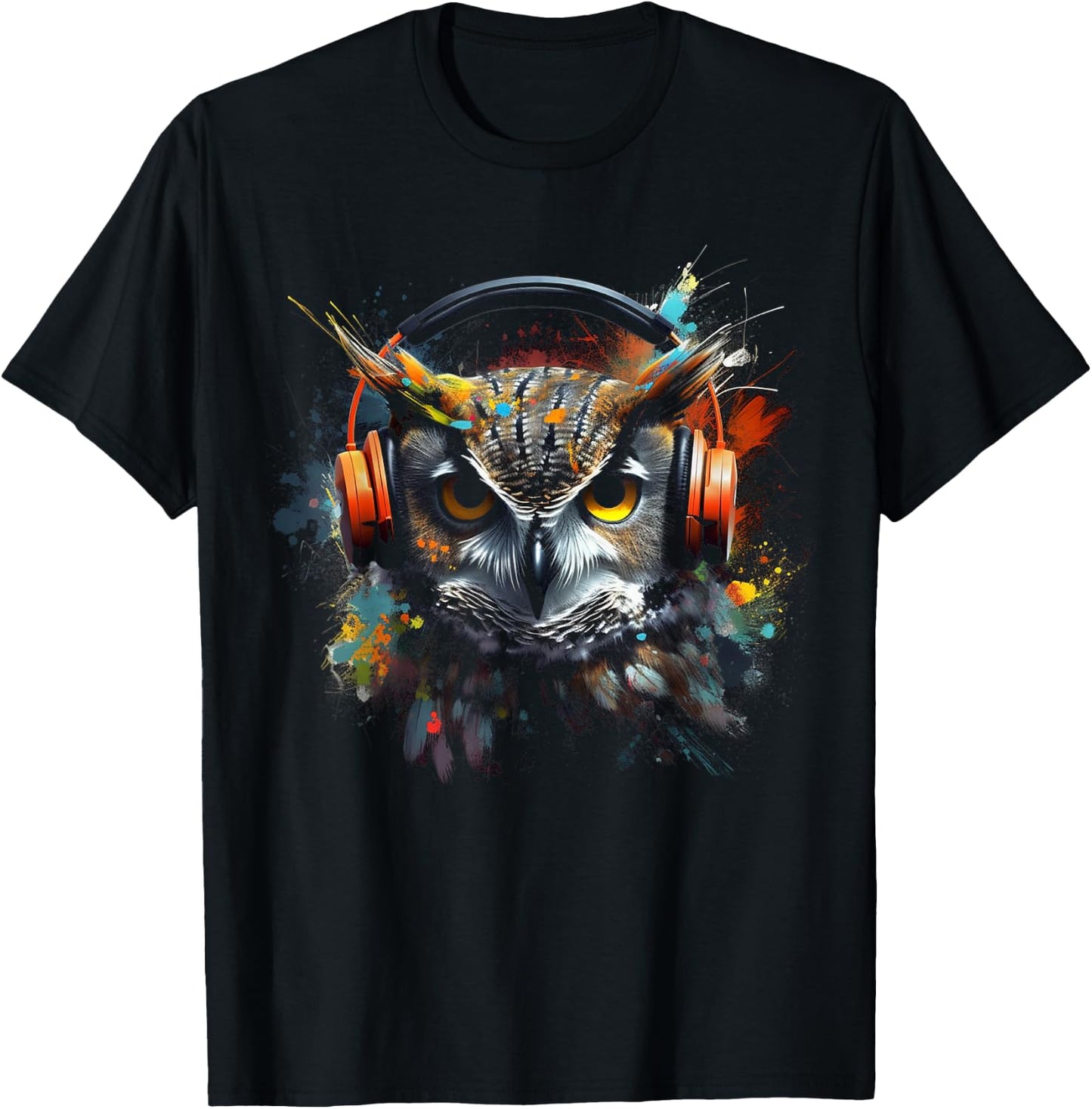 Owl Music Art Headphones Animal Owl T-Shirt - T-Shirt | Black