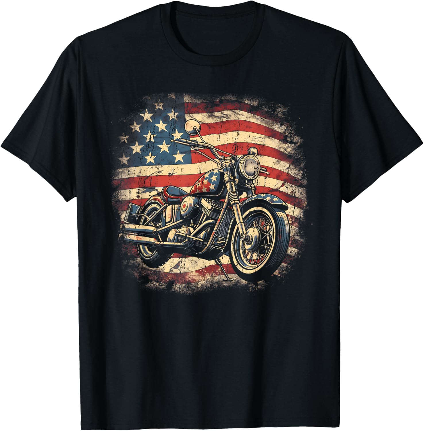 Vintage US Flag Motorcycle USA Retro Biker T-Shirt - T-Shirt | Black