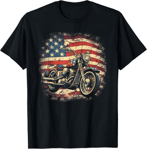Vintage US Flag Motorcycle USA Retro Biker T-Shirt - T-Shirt | Black