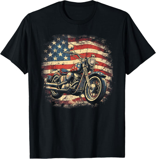 Vintage US Flag Motorcycle USA Retro Biker T-Shirt - T-Shirt | Black