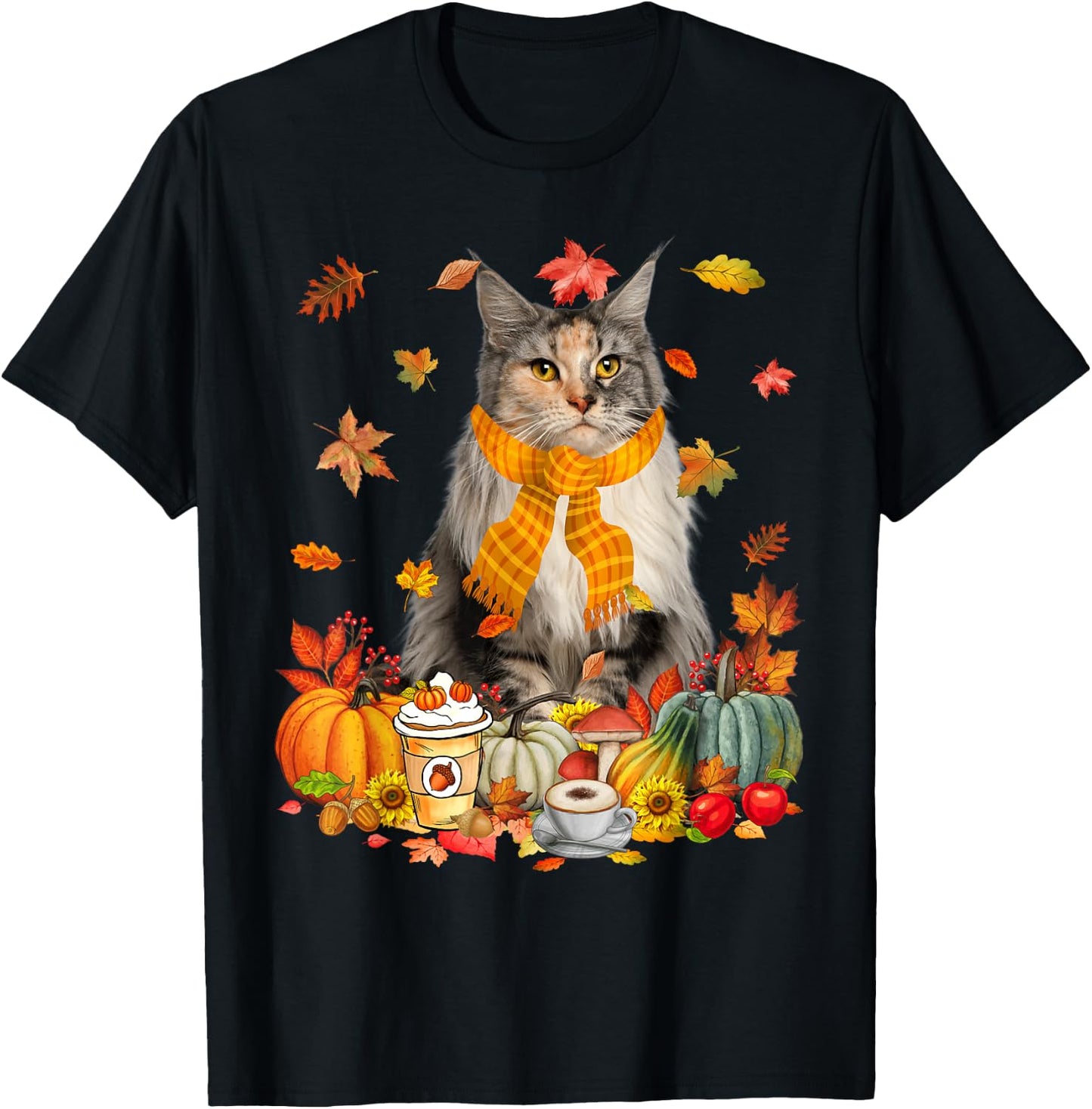 Cup Of Coffe Maine Coon Cat Pumpkins Fall Vibes Thanksgiving T-Shirt - T-Shirt | Black
