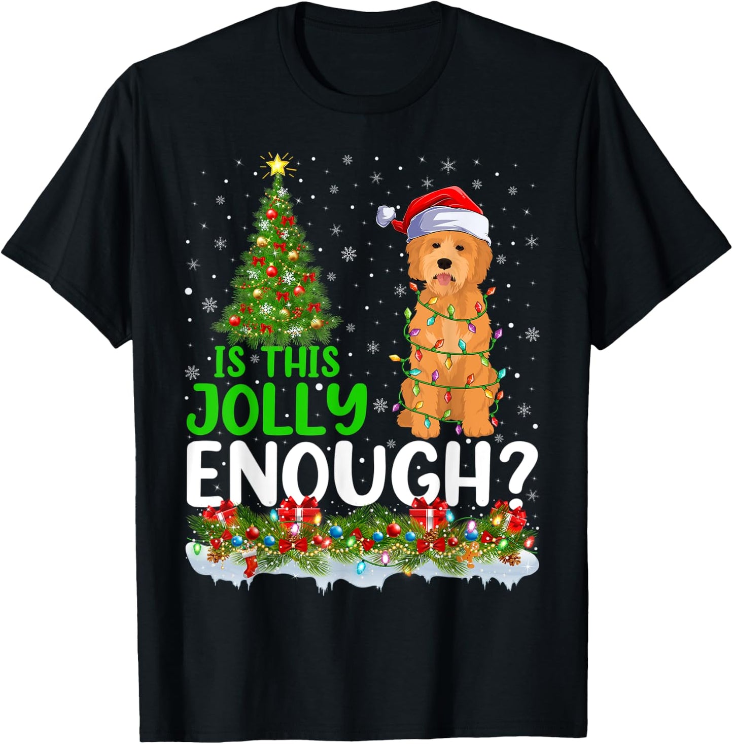 Is This Jolly Enough Goldendoodle Dog Christmas Tree T-Shirt - T-Shirt | Black